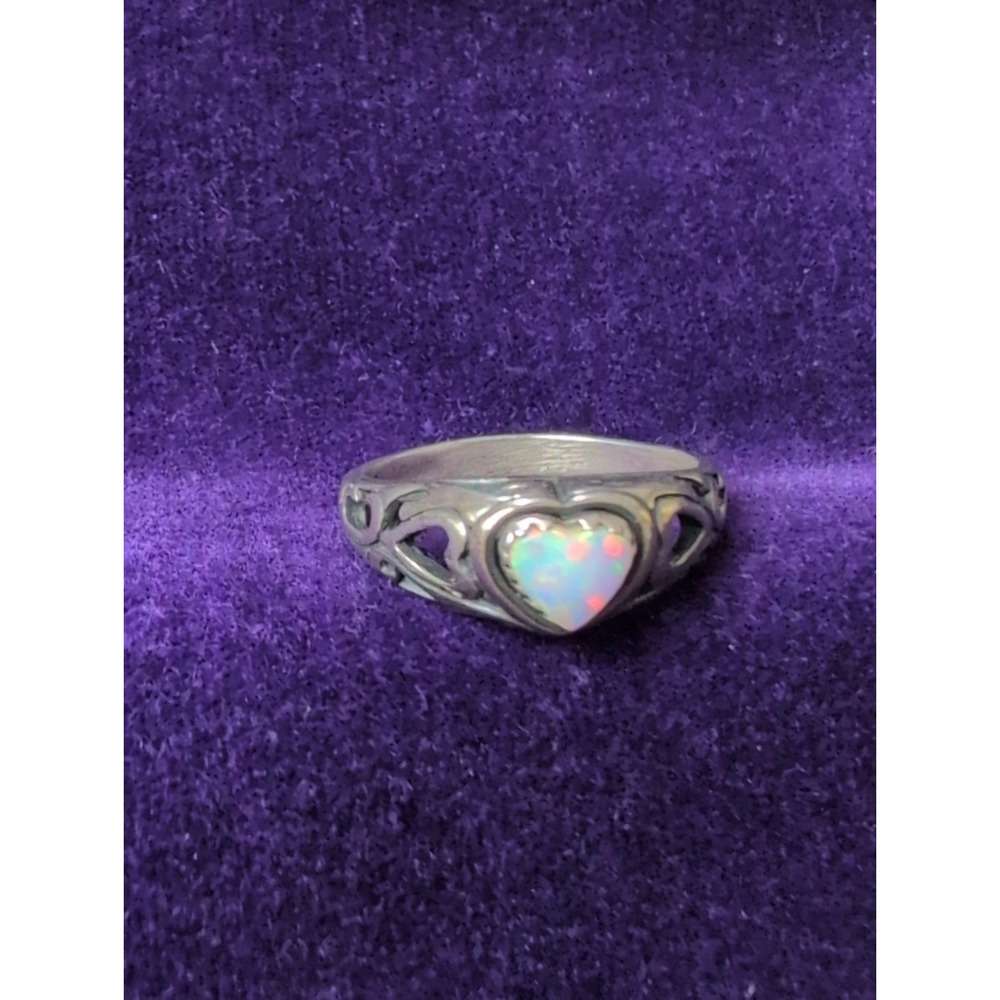 Sterling Silver Heart Opal Filigree Ring Size 7.5 Iridescent Heart Ring